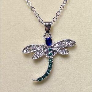 Blue and Silver Dragonfly Necklace with Gemstone Accents